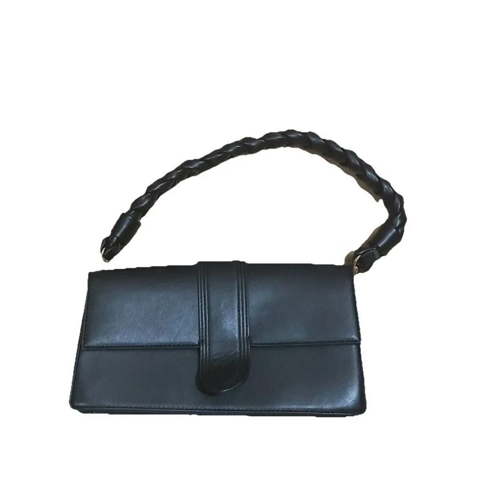 Moda Luxe Braided Leather Strap Boho Shoulder Bag Black Handbag Purse NWOT‎